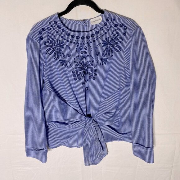 Love+Harmony Blue White Striped Cotton Embroidered Eyelet Tie Front Blouse S - Picture 14 of 14
